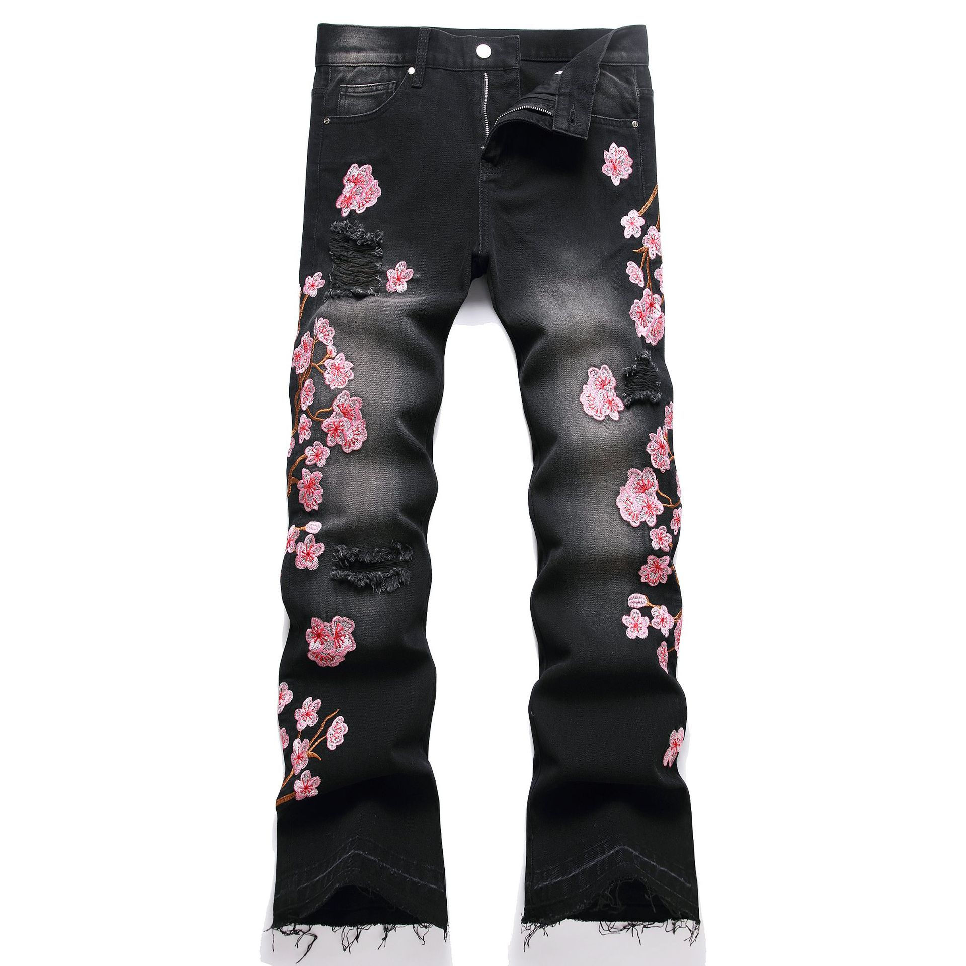 Men's high-street ripped jeans with floral embroidery patchwork
