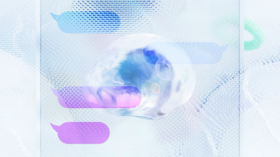 인공지능을 의미하는 뇌 이미지 위에 말풍선 대화창이 오버레이로 나타나 있다.