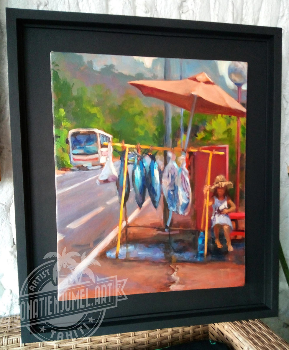 Miniature : stand vente de poissons baie de cook Paopao Moorea Tableau encadré a vendre Donatien Jumel