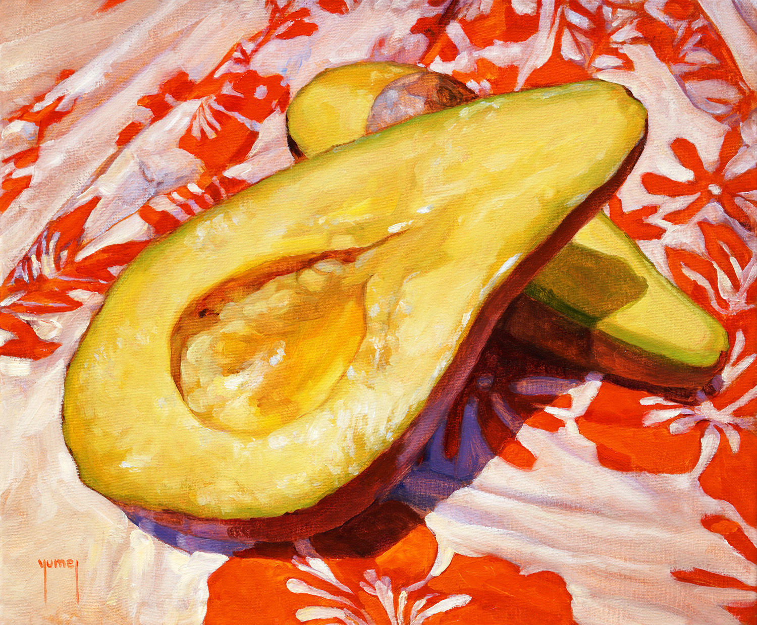 Demi avocat et pareo tahitien tableau peinture Donatien Jumel