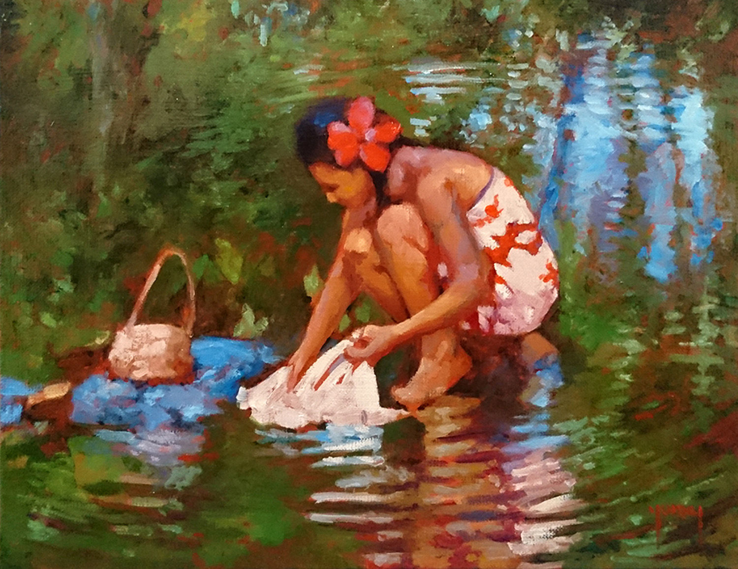 Vahine Tahitienne lavant le linge a la riviere tableau Donatien Jumel