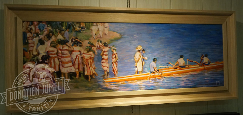 Miniature : peinture d'une préparation de course de pirogue a Tahiti en Polynésie par artiste JUMEL