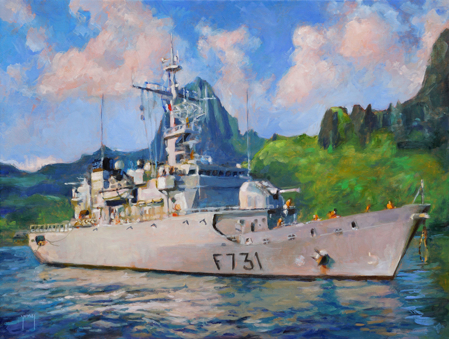 Navire Fregate Le Prairial F731 baie Cook Moorea peinture marine Donatien Jumel