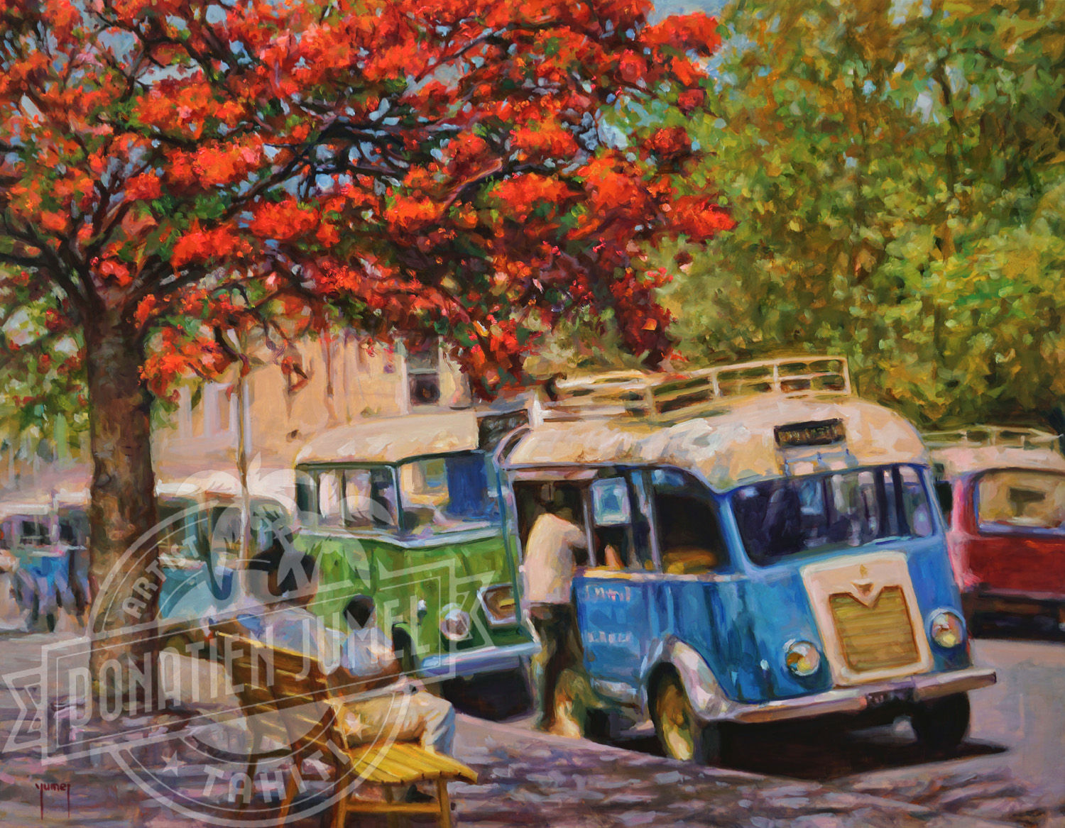 Truck tahitien bleu sous un flamboyant a Papeete Tahiti