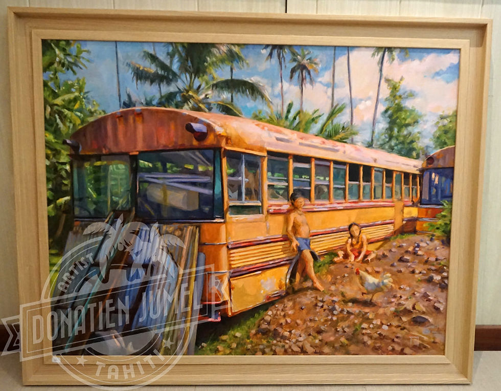 Miniature : tableau d'un ancien bus jaune américain à moorea en polynésie peinture de Donatien Jumel