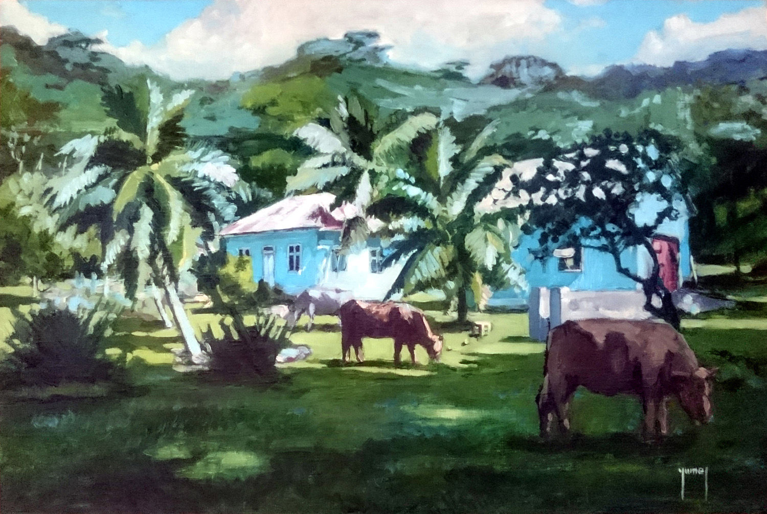 Maisons en baie d Opunohu Moorea tableau Donatien Jumel