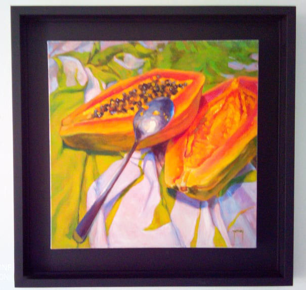 Miniature : Graines de papaye et cuillere tissus vert fleurs tableau encadre  peinture Donatien Jumel