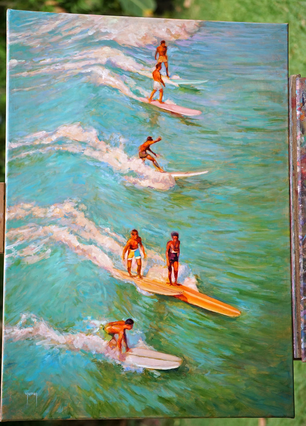 Miniature : tableau peinture surfeurs a hawaii vintage artiste jumel