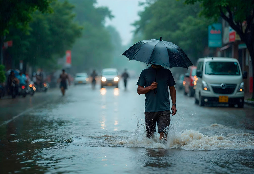 Homem caminhando na chuva, com rosto tapado pelo guarda-chuva, no meio da rua, durante inundação. 