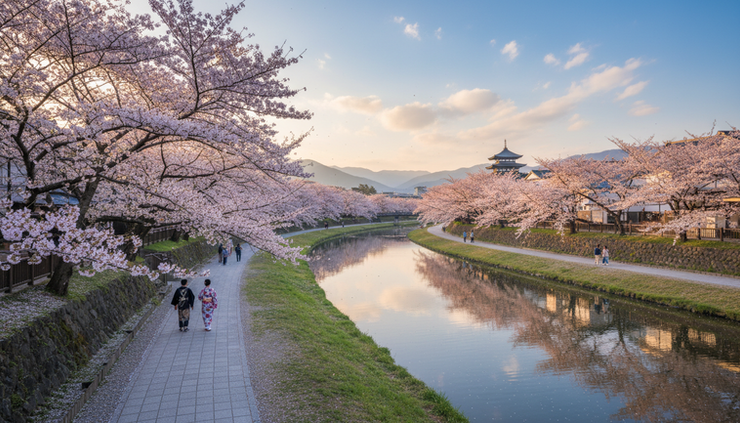 Wide-angle view of cherry blossom trees along a quiet river in Japan