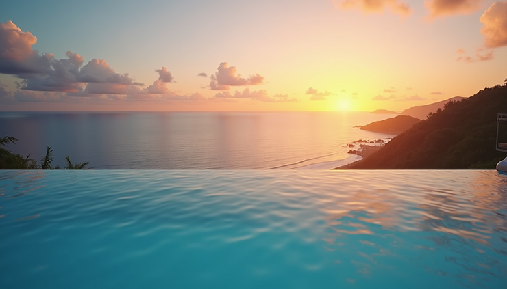 High angle view of an infinity pool overlooking a tropical coastline at sunset
