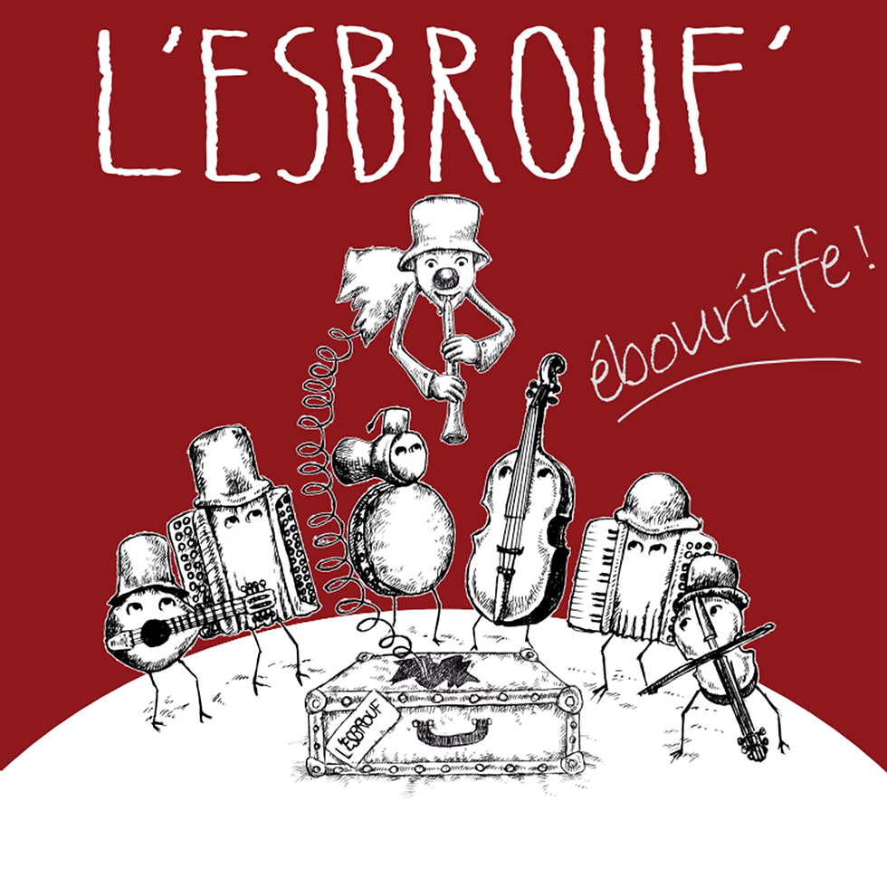 Album ébouriffe de L'esbrouf' fond rouge avec un clown qui joue de la clarinette qui sort d'une valise avec un ressort