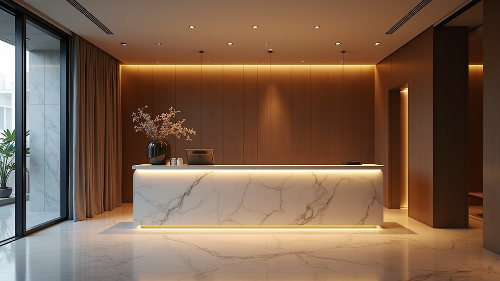 Eye-level view of a modern concierge desk in a luxury apartment building