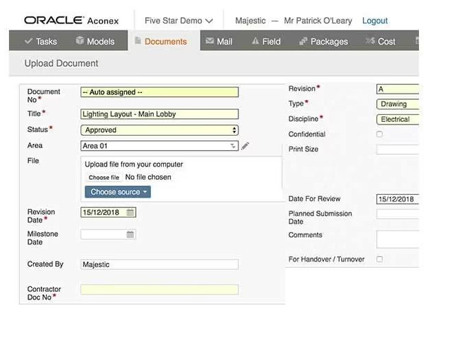 Captura de Oracle Aconex con formulario Upload Document para subir un plano; campos como Title, Status y revisión.