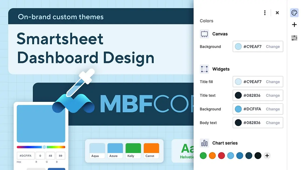 Diseño de tablero Smartsheet con tema azul. Selector de color y ajustes de diseño exhibidos a la derecha. Texto: "MBFCORP".