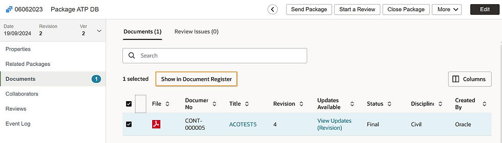Pantalla de gestión de paquetes con pestaña Documentos; un PDF seleccionado de ACOTEST5, revisión 4, estado Final.