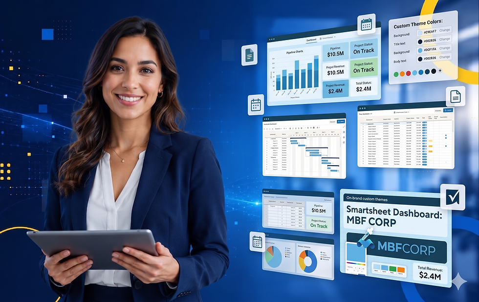 Mujer sonriente con tablet, de traje azul, frente a múltiples gráficos y dashboards de datos en un fondo azul tecnológico.