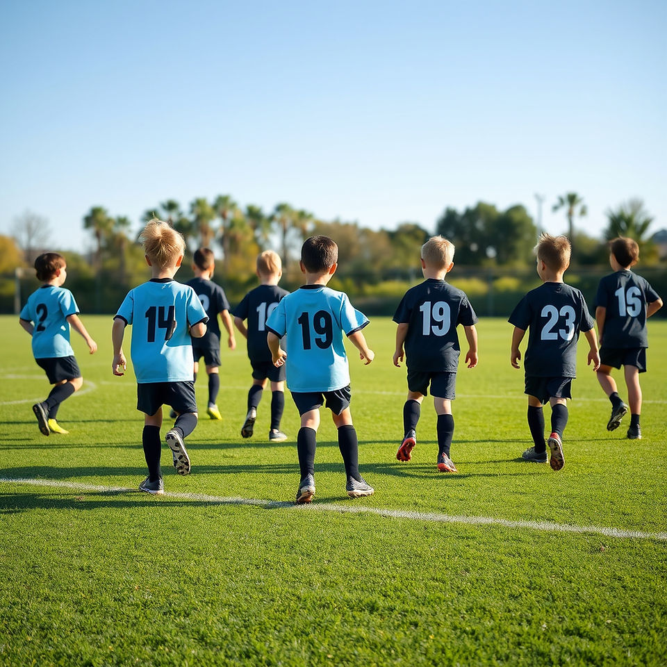 children playing soccer with faces visible on a green field some with light blue jerseys n