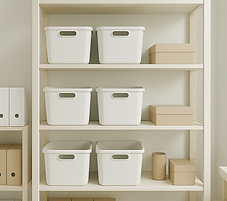 Labeled bins neatly arranged on open shelving, showcasing hands-on business organizing services by Illuminate: Art of Order