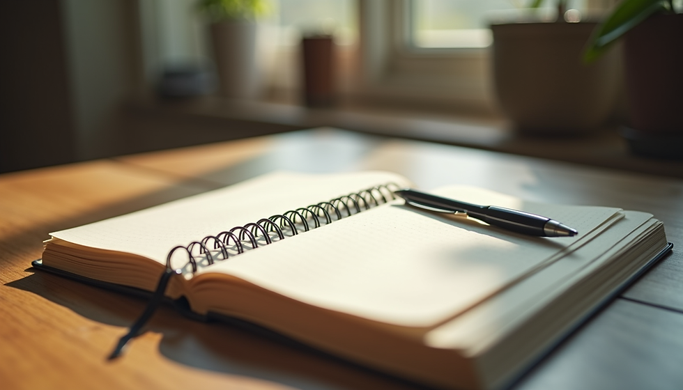 Close-up view of a notebook with a handwritten list of goals and a pen