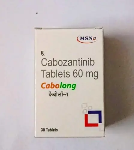 Box of Cabozantinib Tablets 60 mg labeled "Cabolong" with logo. White background, text in English and Hindi. Contains 30 tablets.