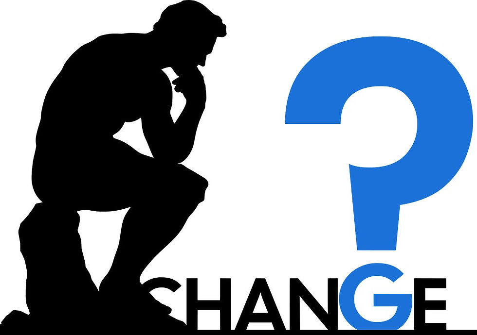 Symbolgrafik für den Change-Prozess: Seitenansicht eines Mannes, der auf einem Holzstumpf sitzt, die Faust unter dem Kinn, offensichtlich eine Denkerpose; am unteren Rand der Schriftzug Change, der Buchstabe G dient auch als Punbkt für ein Fragezeichen, welches Über dem G zu sehen ist