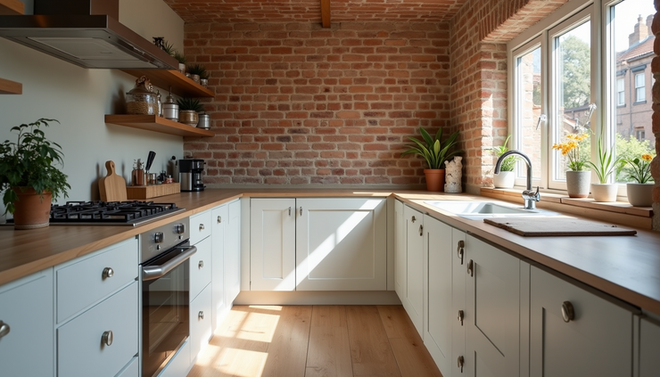 Eye-level view of a partially renovated UK kitchen with exposed brick wall and modern fittings