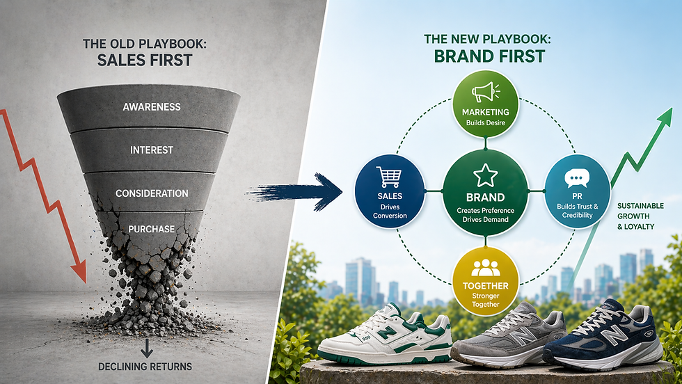 What happens when you flip the script of Brand over Sales. A Diagram comparing a traditional sales funnel to a brand system where brand, marketing, sales, and PR work as one integrated strategy.