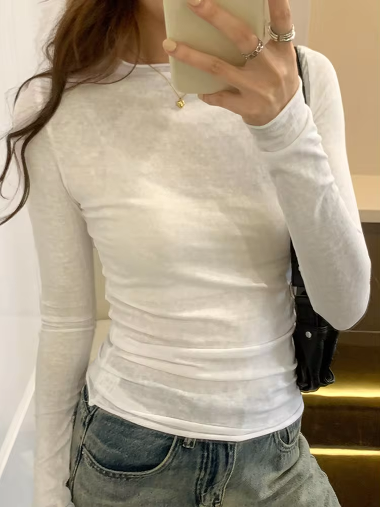 Spring Autumn T shirt Women Tops Solid Slim Fit Long Sleeve O Neck Tshirts Femal