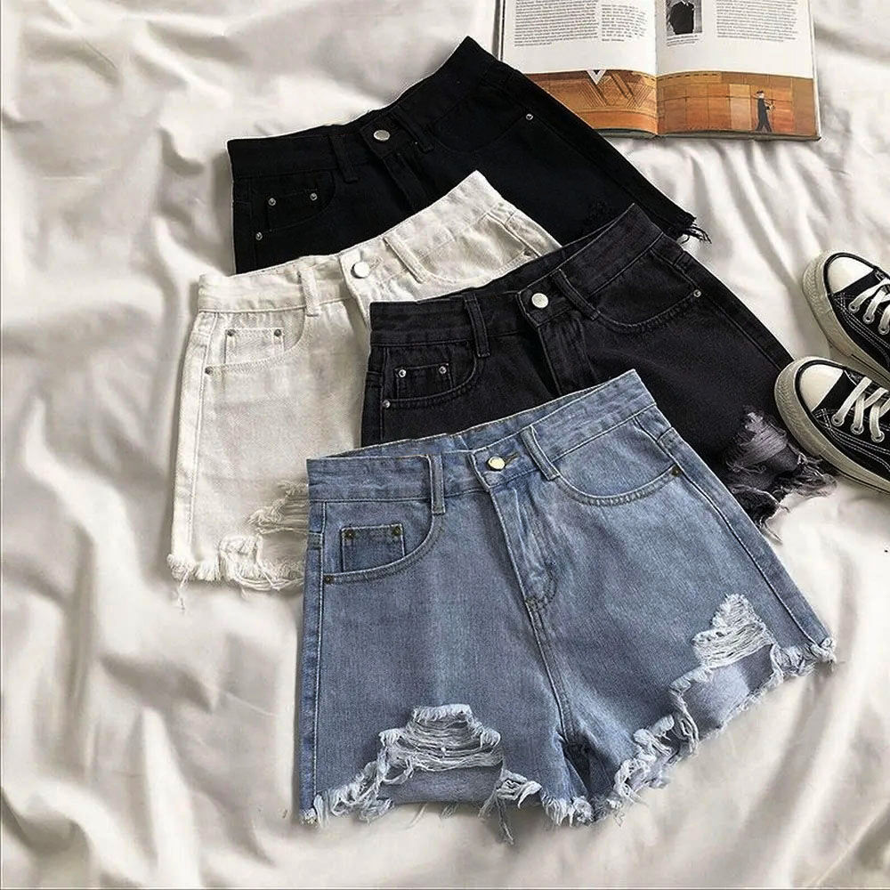 Summer Korean Women's Cowboy Shorts High Waist Casual Blue Denim Shorts Pocket T