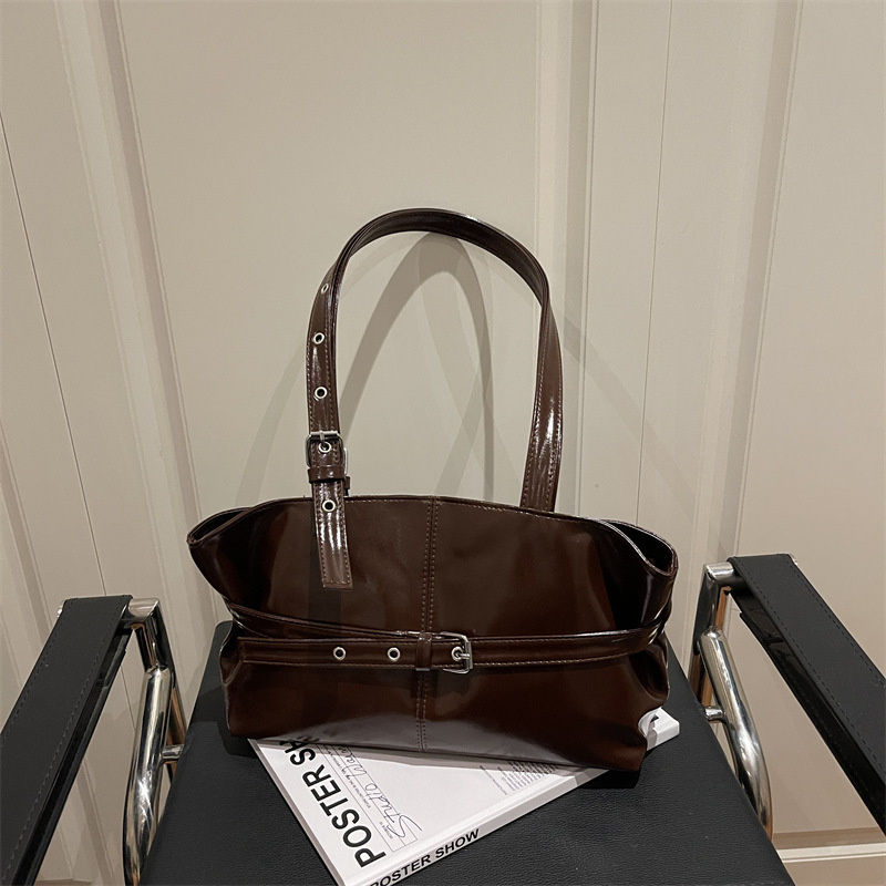 New Fashionable Versatile Belt Buckle Handbag Korean Style Solid Color Soft Leat