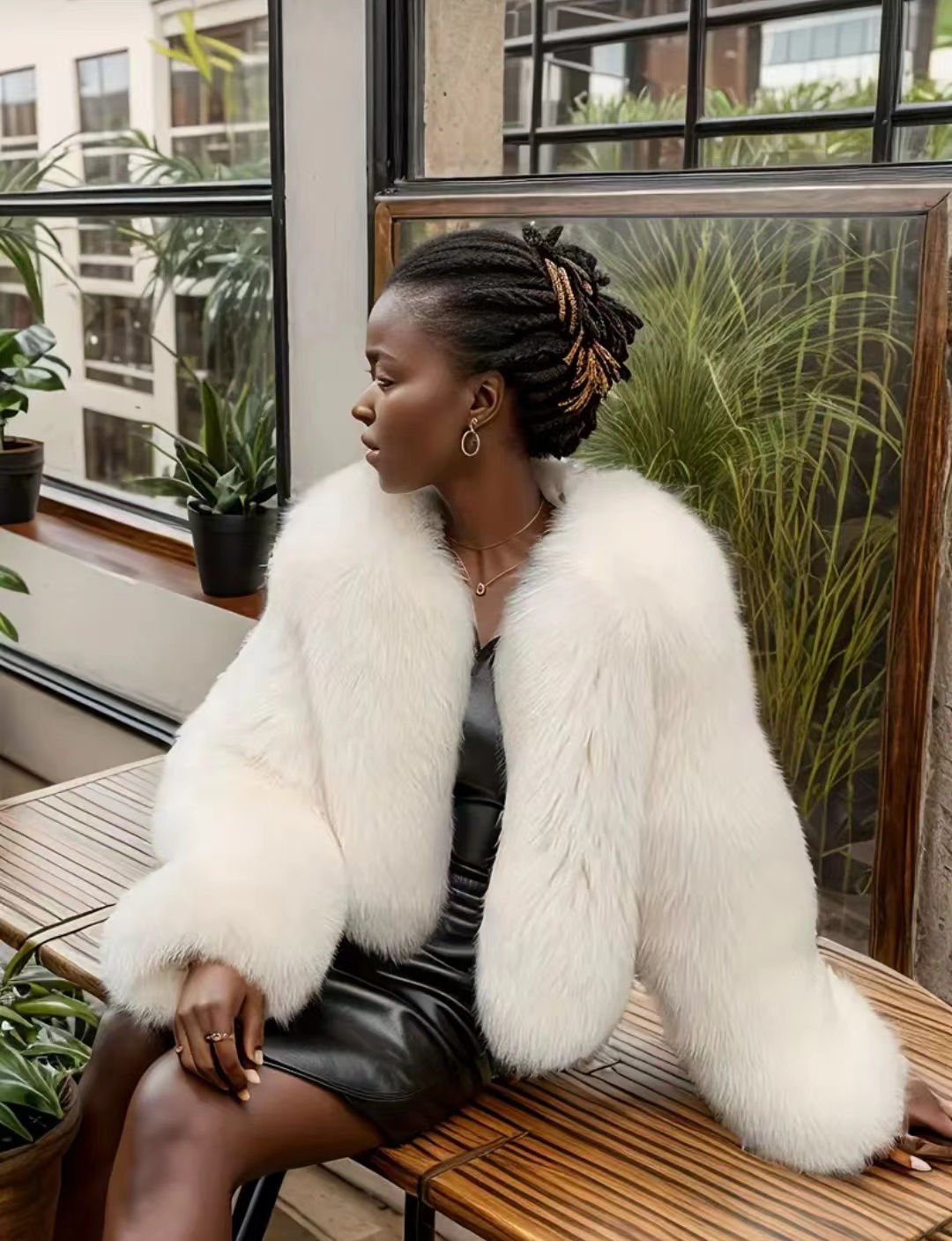 Black Imitation Fox Fur Warm Classic Fashion Elegant Noble Jacket Coat