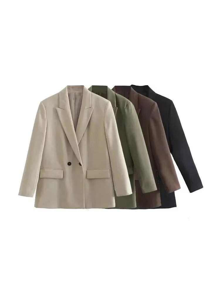 Women Fashion Double Breasted Loose Fitting Blazer Coat Vintage Long Sleeve Pock