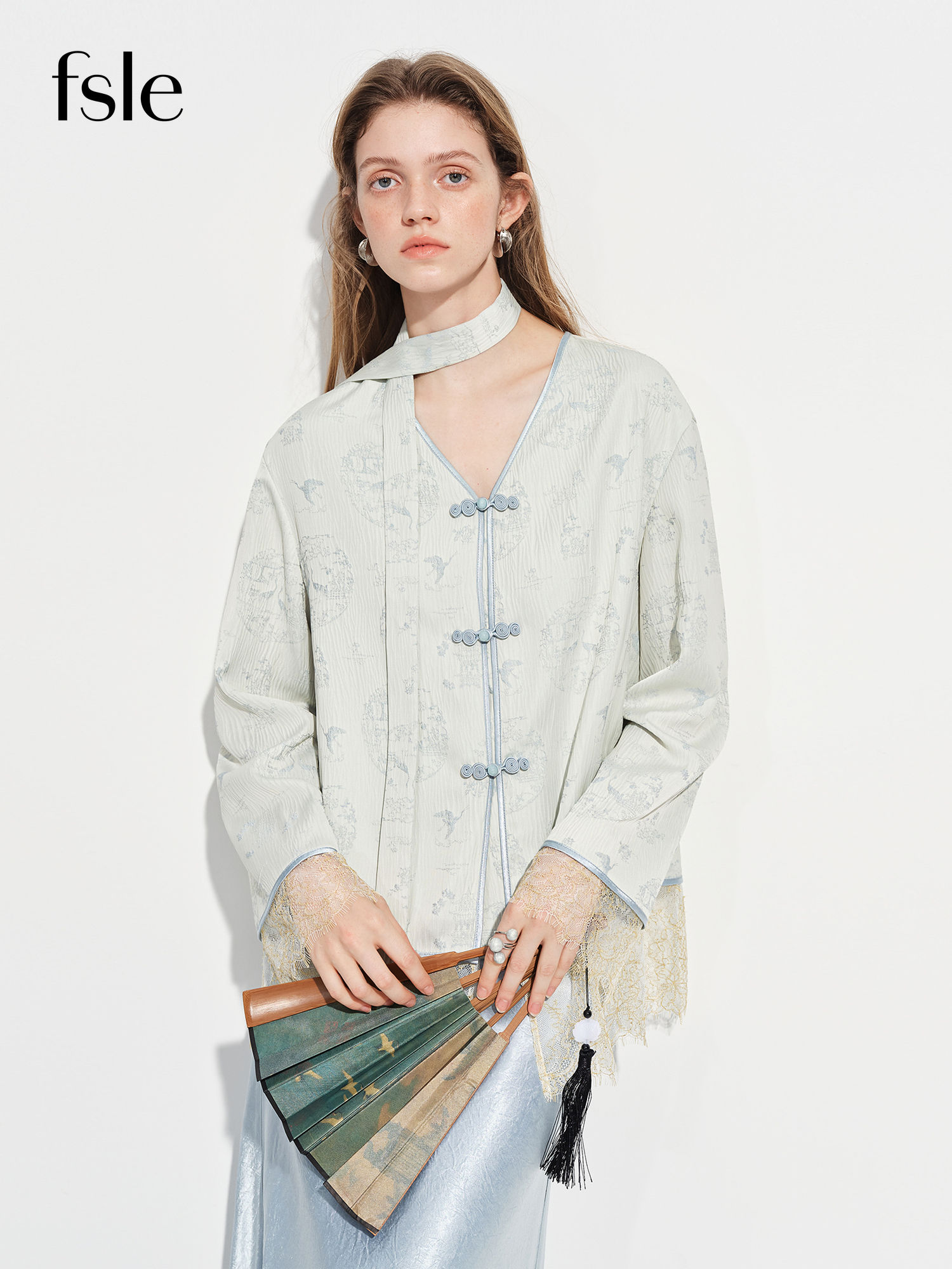 FSLE Modern Chinese-inspired Women's Blazer with Button Closure Sash VNeck Patch