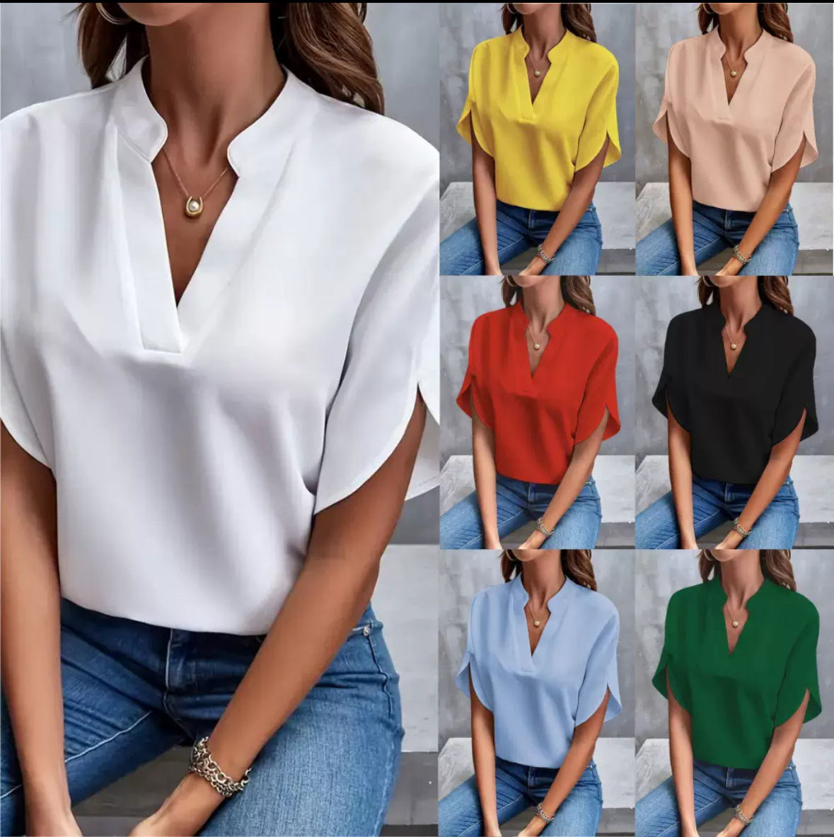 VEITCHE Summer Women Casual Solid Blouse Women Fashion V-neck Half Sleeve Shirts