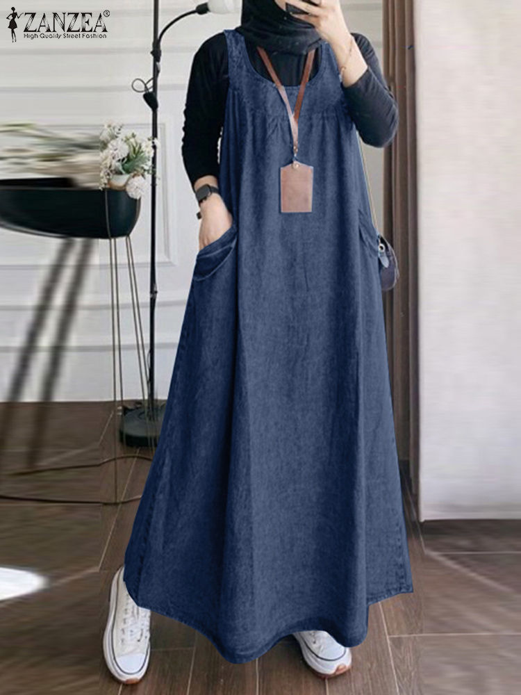 Summer Autumn Overalls Dress ZANZEA Muslim Maxi Sundress Robe Femme Vintage Stra