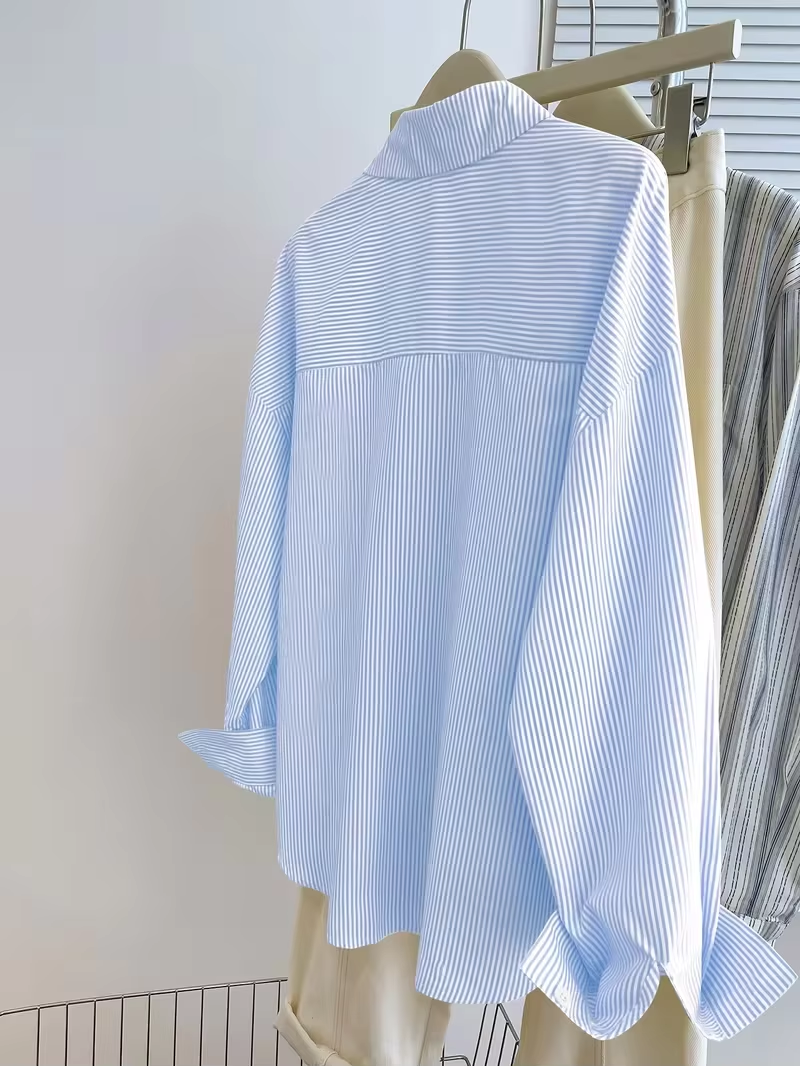 women s long-sleeve blouse , Women's Striped Knight Print Front Button-Up Casu