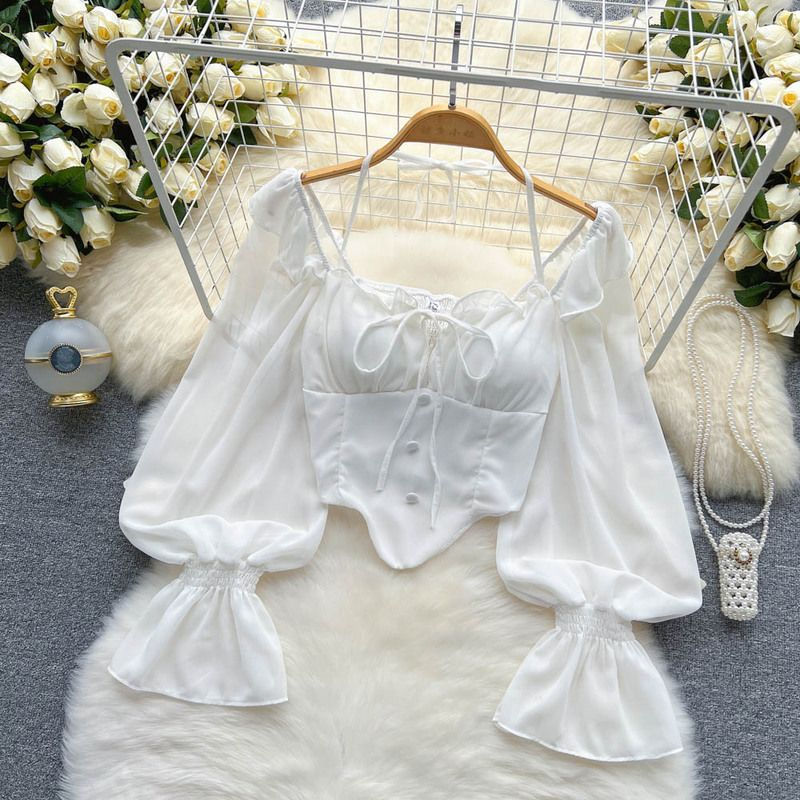 Fashion Butterfly Lace-up Blouse Woman Square Collar Puff Sleeve Solid Color Blo