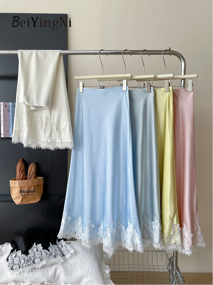 Beiyingni French Elegant Satin Mermaid Skirt Women Spring Summer Lace Patchwork