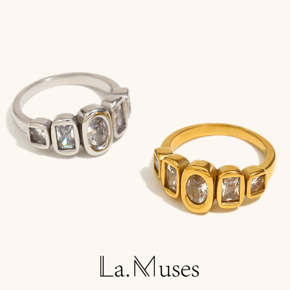 La. Muses Geometric Shiny Zircon Arrangement Stainless Steel Women's Ring 18K PV