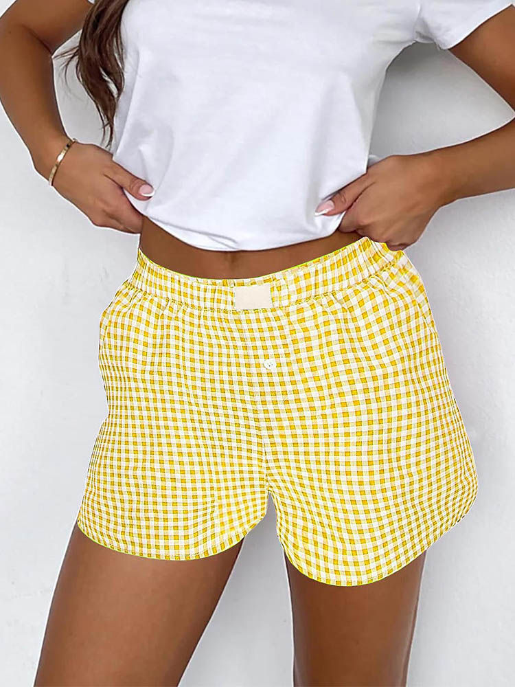 Shorts for Women Teen-girls Elastic Waistband Pull-on Red Blue Plaid Shorts Outf