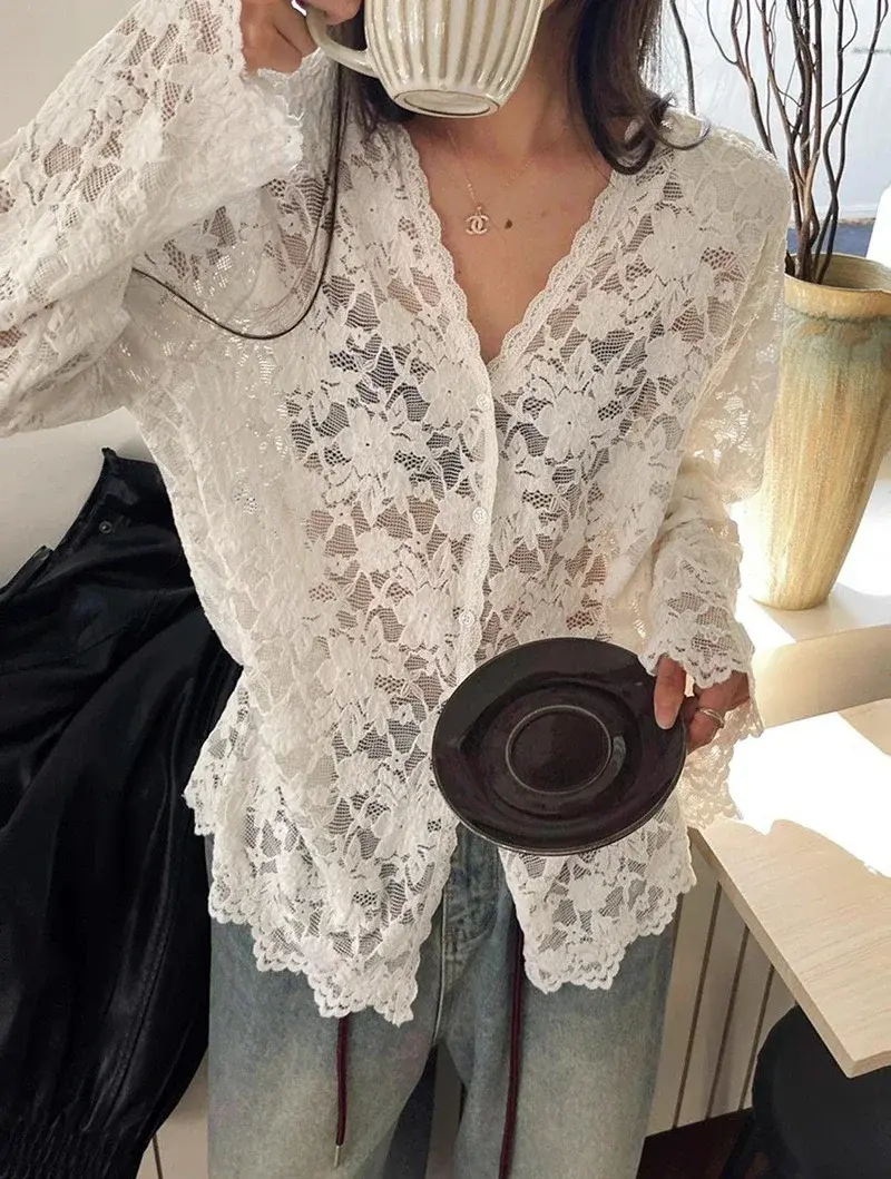 Vintage Summer Lace Blouses Women See Through Sheer Long Sleeve Sun Shirts Korea