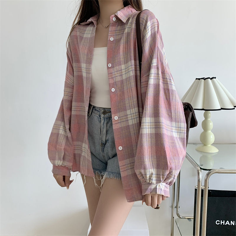 Women Tartan Shirt Long Sleeve Collared Button Up Oversized Plaid Shirt Jacket G