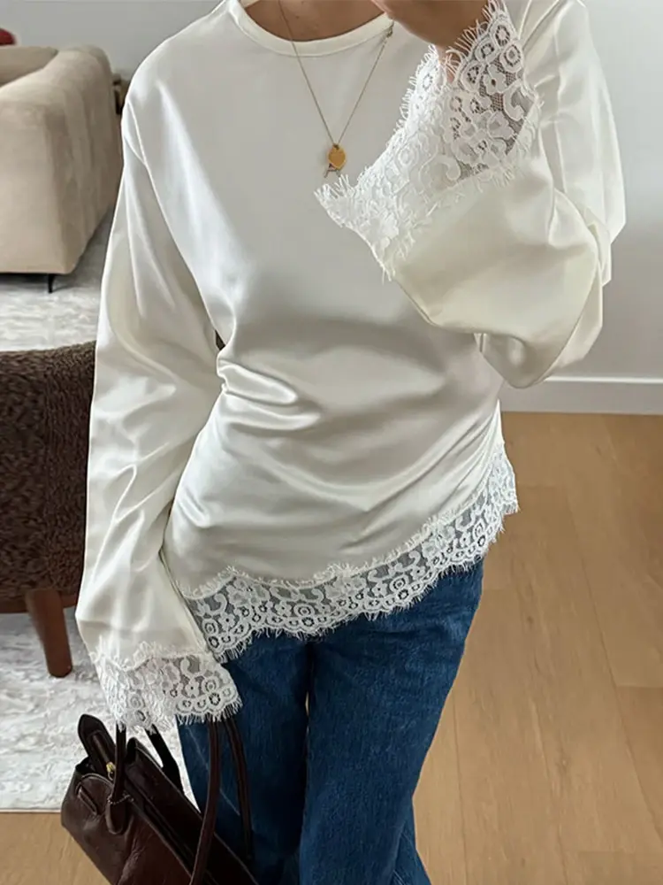 Elegant Patchwork Lace Women's Blouses Slim Lace Up O-neck Irregular Hem Female