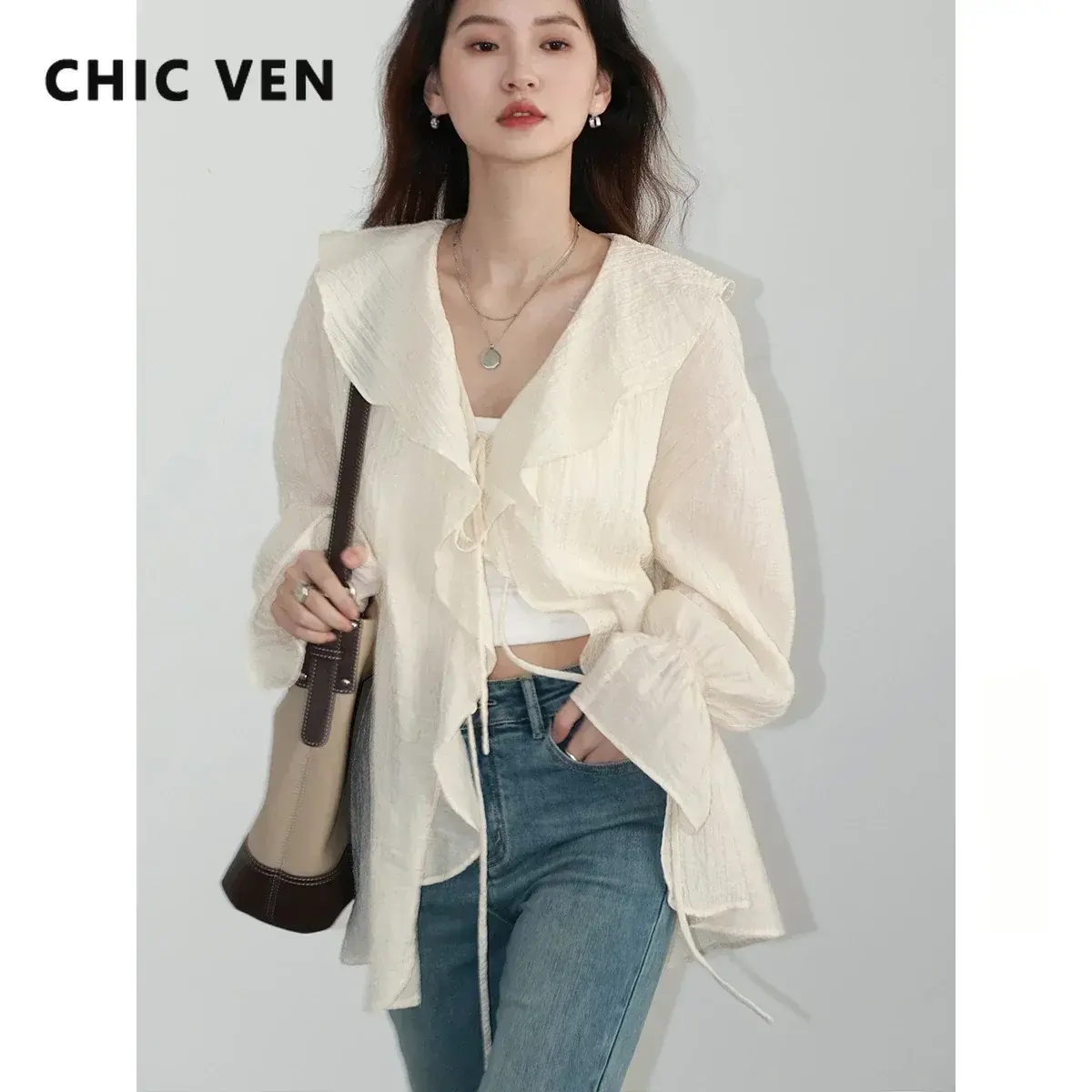 CHIC VEN Women Shirt Loose Casual Ruffled Edges Female Blouses V Neck Lace Up Mi