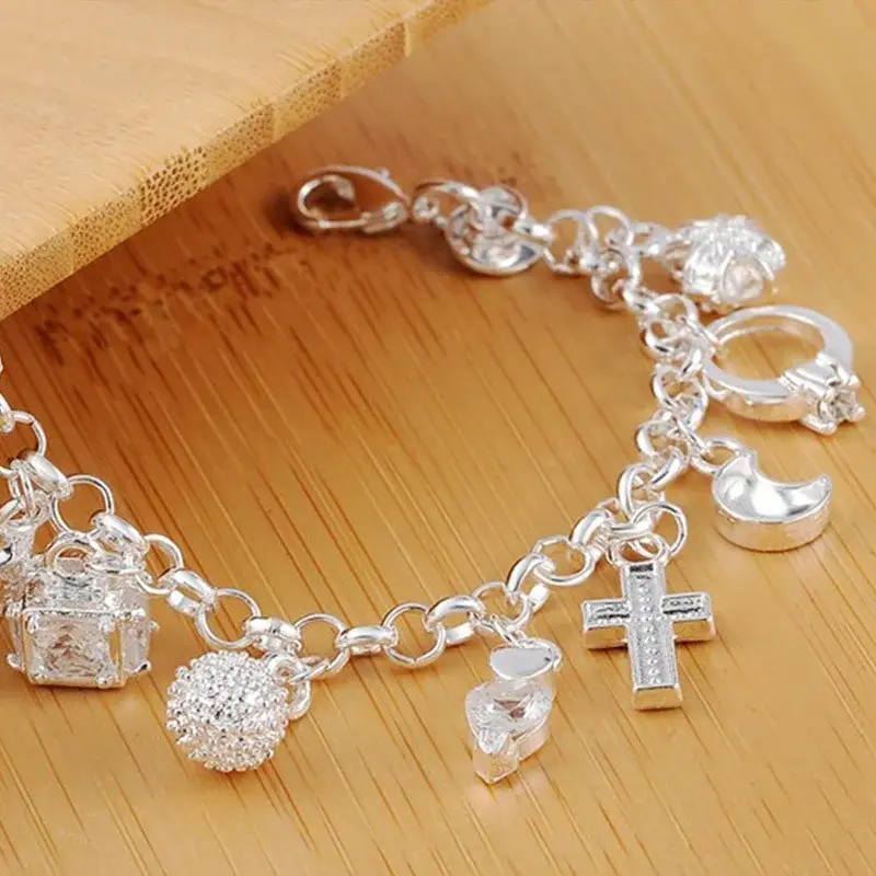 925 Sterling Silver Fashion 13pcs Pendant Chain Charm Bracelet for Women for Tee