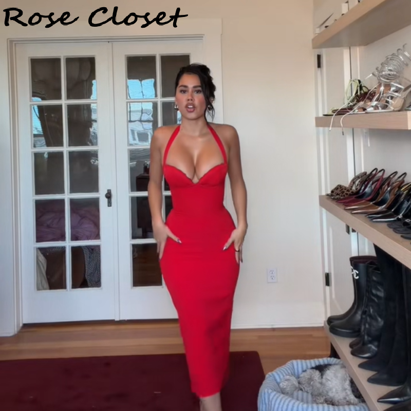Sexy Bodycon Midi Dress Women Elegant Halter Neck Evening Gowns Adjustable Lace