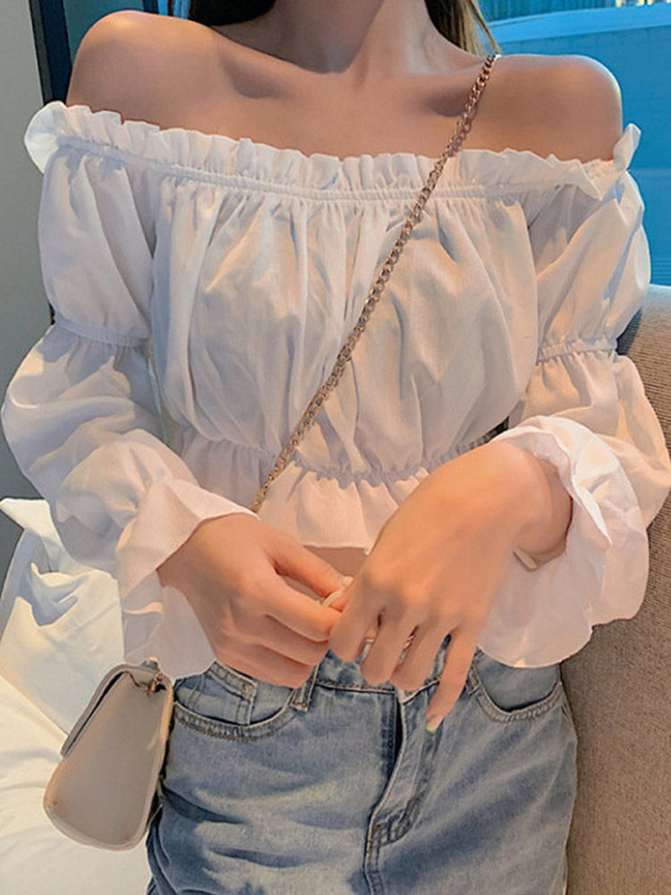 Women Top Sexy Blouse Off Shoulder Top Long Sleeve Solid Color White Shirt Puff