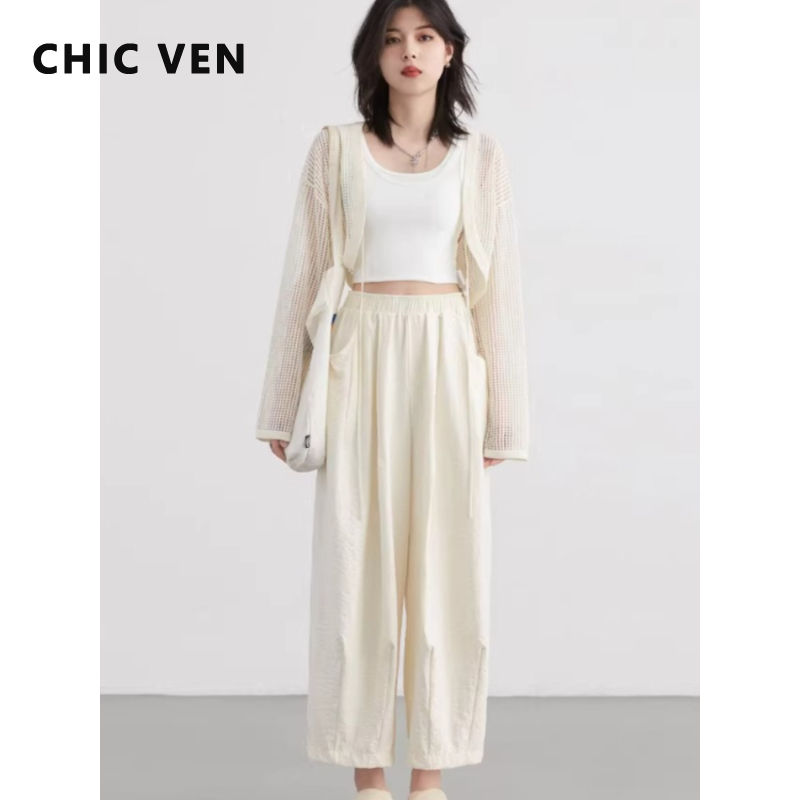CHIC VEN Fashion Women White Pants Solid Casual Elastic Waist High Waisted Pleat