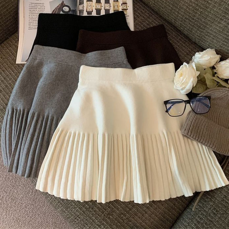 Pleated Mini Skirts Korean Sweet Knitted Skirts Sweet Elastic Waist Ladies Casua